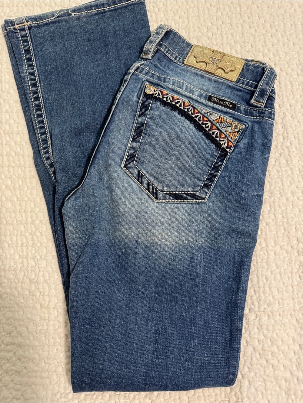 Miss Me Blue Bootcut Jeans with Embroidered Pocket Trim